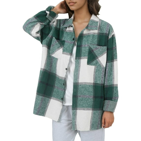Jxximdong Fashion Coat for Women, Plush Coat Long Sleeve Plaid with Pocket Loose Coat, Women's Coats Green