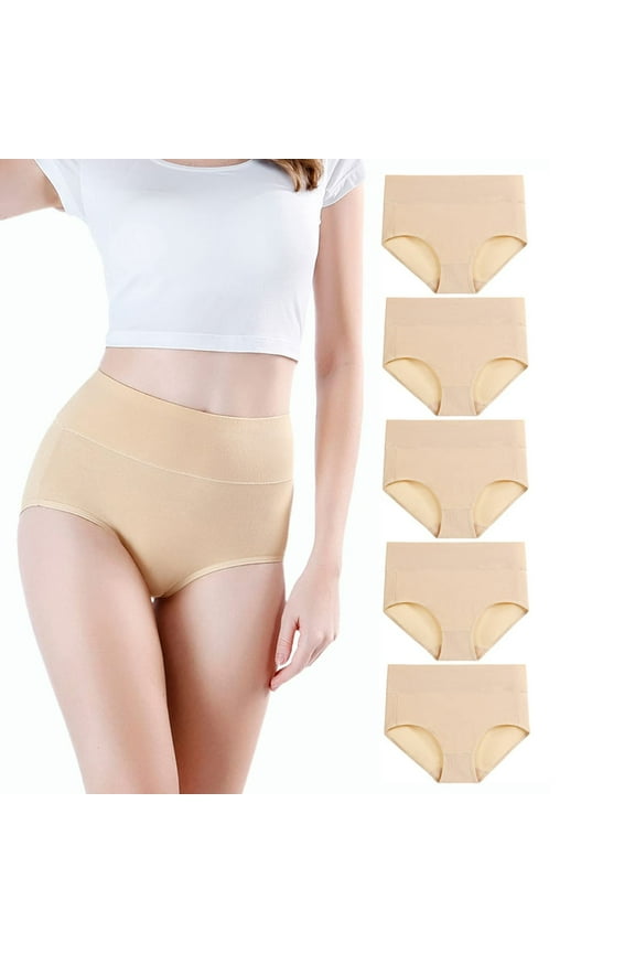 High Waist Panties for Women 5 Pcs Bikinis Underwear Cotton Plain Breathable Briefs Women's Lingeries Beige