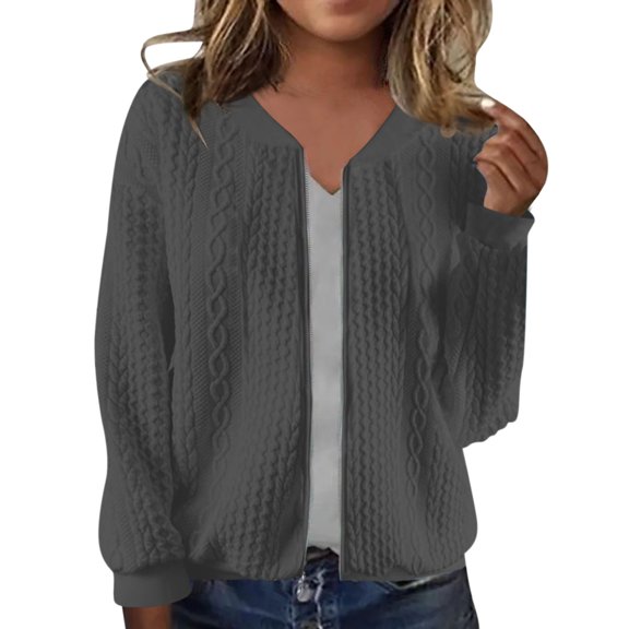 Jxximdong Jackets for Women, Autumn Solid Color Round Neck Fabric with Zipper Long Sleeved Casual Jacket, Women's Coats Gray