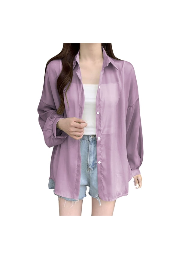 Jackets for Women, Casual Sun Chiffon Blouse Summer Lightweight Sunscreen Shirt Long Sleeve Blouse, Women's Coats Purple