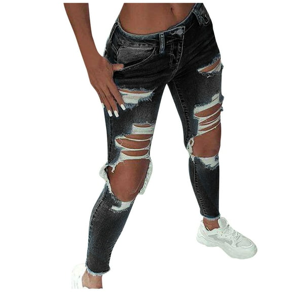 Jxximdong Jeans for Women Ladies Pants Ripped Pants Plus Size Washed Sexy Women's Jeans Trousers Black XXXL Denim Pants