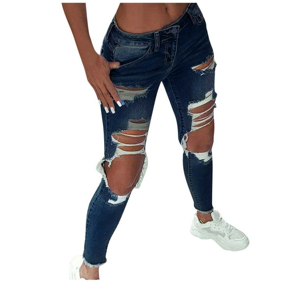 Jxximdong Jeans for Women Ladies Pants Ripped Pants Plus Size Washed Sexy Women's Jeans Trousers Blue S Denim Pants