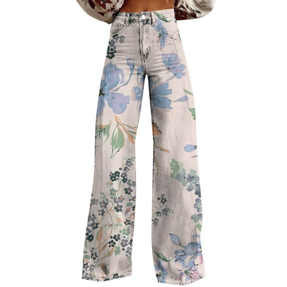 Jxximdong Jeans for Women Wide Leg Pants Woman High Waist Floral Patterned Pants Lightweight Loose Fit Casual Colorful Trouser Blue XXL Denim Pants