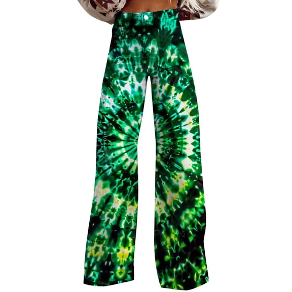 Jxximdong Jeans for Women Wide Leg Pants Woman High Waist Floral Patterned Pants Lightweight Loose Fit Casual Colorful Trouser Green XXL Denim Pants