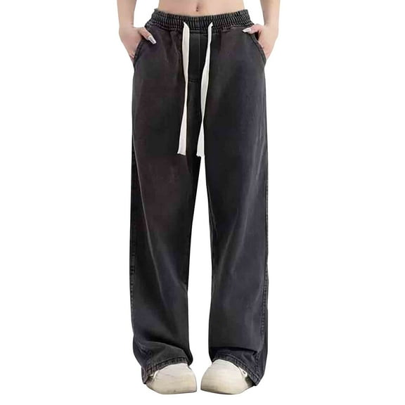 Jxximdong Jeans for Women Women's High Waist Straight Jeans Pants，Vintage Wide Leg，Casual Baggy Ripped Denim Trouser Gray L Denim Pants