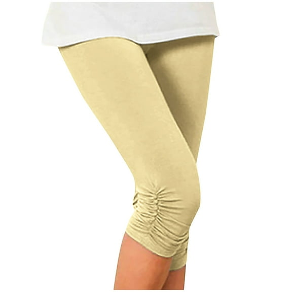 Jxximdong Leggings for Women Plain Pleated Design Fashionable And Calf Elastic Women's Cropped Pants Leggings Bodybuilding Pants Yellow M Yoga Pants