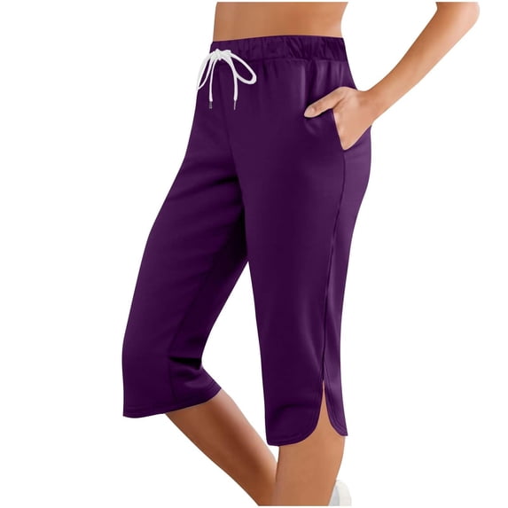 Jxximdong Leggings for Women Summer Elastic Waist Knee Length Shorts Casual Drawstring Workout Shorts With Pockets Purple M Yoga Pants