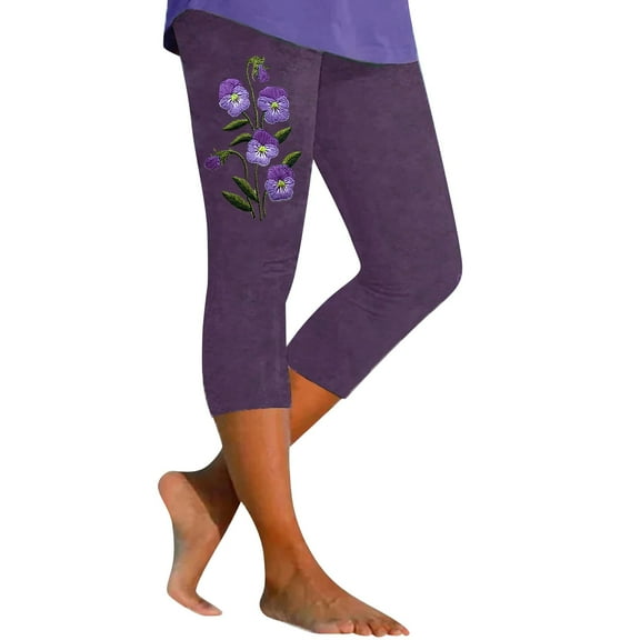Jxximdong Leggings for Women Women's Fashion Casual Floral Print High Waist Elastic Capri Pants Leggings Purple L Yoga Pants