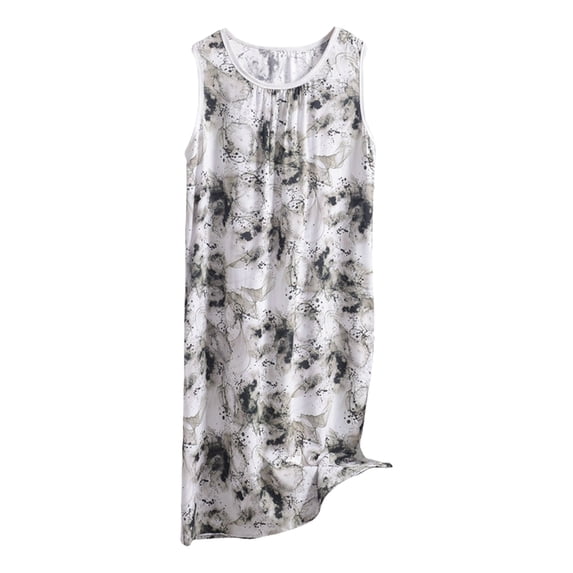 Jxximdong Nightgowns for Women Casual O Neck Sleeveless Fly Floral Print Dress With Pocket Beige Loungewear XXXXXL