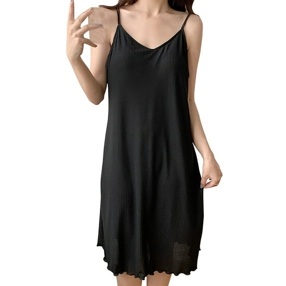 Jxximdong Nightgowns for Women Cotton Sleeveless Nightgown Spaghetti Strap V Neck Full Slip Sleep Dress Black Loungewear L