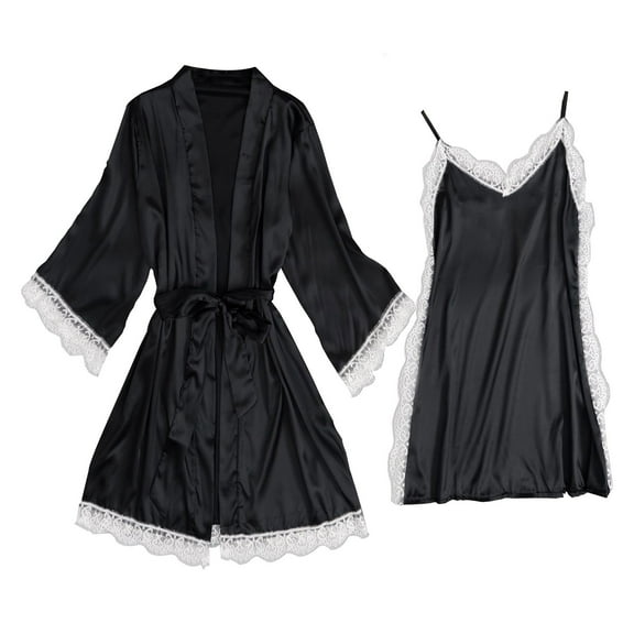 Jxximdong Pajamas for Women Set 2 Piece Garter Robe Set Lace Cotton Deep V Neck Underwear Black Loungewear XL