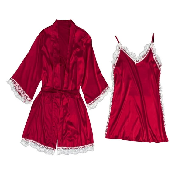Jxximdong Pajamas for Women Set 2 Piece Garter Robe Set Lace Cotton Deep V Neck Underwear Red Loungewear S