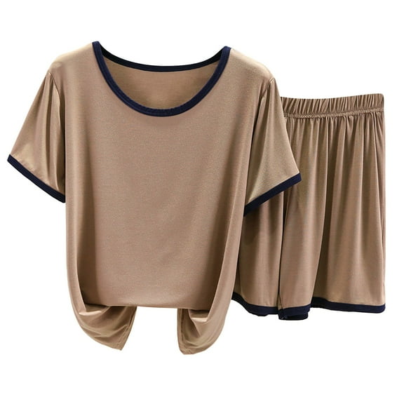 Jxximdong Pajamas for Women Set 2 Piece Summer Sleepwear Tops And Sleep Shorts Set With Pockets Khaki Loungewear XXL