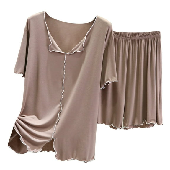 Jxximdong Pajamas for Women Set 2 Piece Summer Sleepwear Tops And Sleep Shorts Set With Pockets Khaki Loungewear XXXL