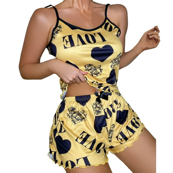Jxximdong Pajamas for Women Set Print Sleepwear Two Pieces Sleeveless Shorts Sets Yellow Loungewear L