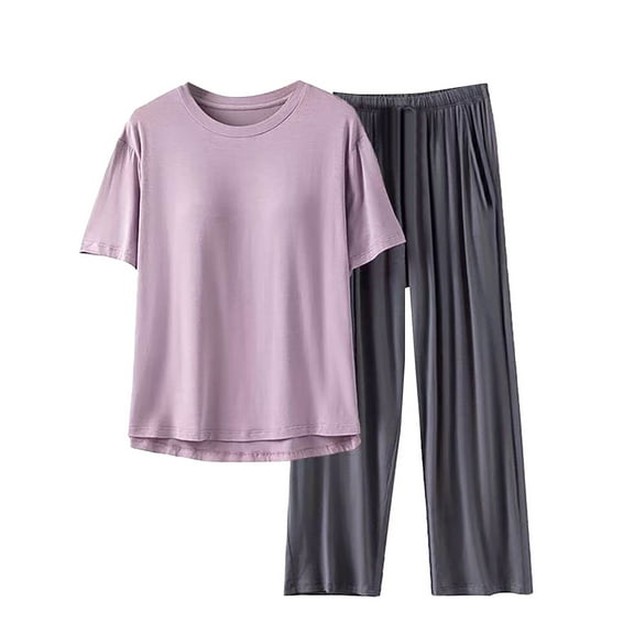 Jxximdong Pajamas for Women Set Round Neck Short Sleeve Pants Solid With Chest Mat Casual Sleepwear Set Pink Loungewear L
