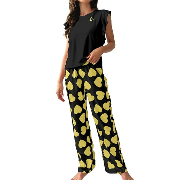 Jxximdong Pajamas for Women Set Silk Soft Short Sleeve Round Neck Top & Loose Long Jogger Bottom Black Loungewear L