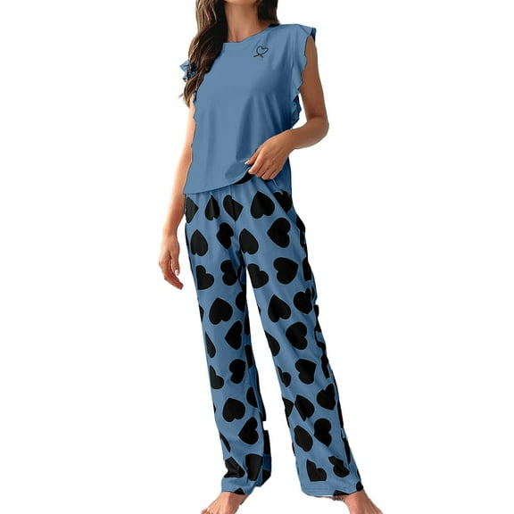Jxximdong Pajamas for Women Set Silk Soft Short Sleeve Round Neck Top & Loose Long Jogger Bottom Blue Loungewear XL