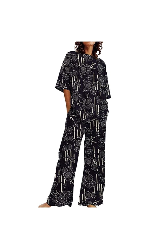 Pajamas for Women Set Summer Cotton Linen T Shirts Straight Leg Pant Plus Size 2 Piece Set Black Loungewear XXXXXL