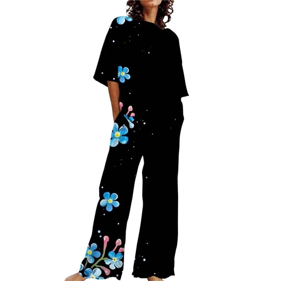 Jxximdong Pajamas for Women Set Summer Cotton Linen T Shirts Straight Leg Pant Plus Size 2 Piece Set Blue Loungewear XXXXL