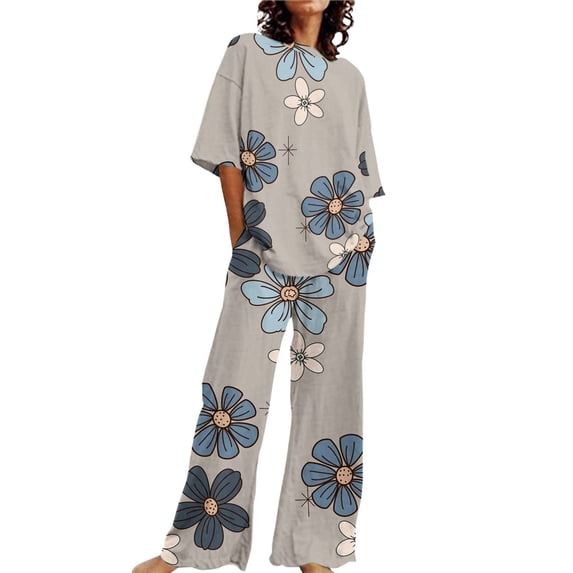 Jxximdong Pajamas for Women Set Summer Cotton Linen T Shirts Straight Leg Pant Plus Size 2 Piece Set Grey Loungewear M