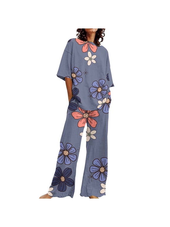Pajamas for Women Set Summer Cotton Linen T Shirts Straight Leg Pant Plus Size 2 Piece Set Purple Loungewear M