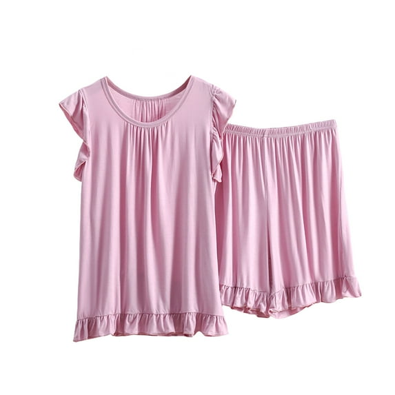 Jxximdong Pajamas for Women Set Summer Solid Color Casual Drawstring Shorts Short Sleeve Sets Pink Loungewear XXL