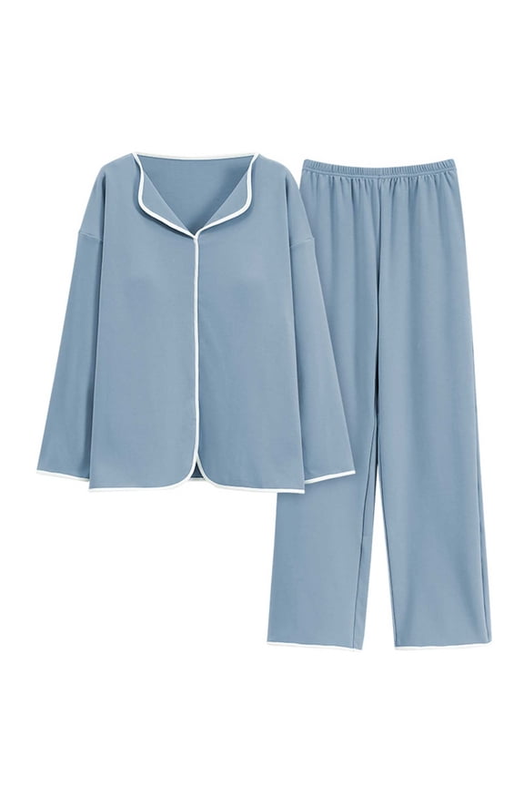 Pajamas for Women Set Women's Petite Pajama Set Petite Length Tunic Top Wide Leg Pants Light Blue Loungewear L