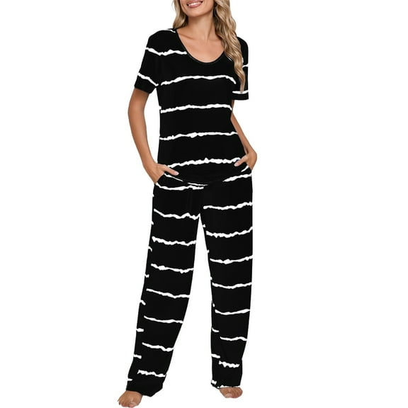 Jxximdong Pajamas for Women Set Women's Spring And Summer Striped Pajamas Pajamas Set Black Loungewear XL