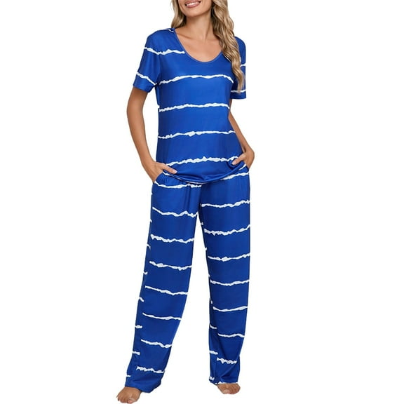 Jxximdong Pajamas for Women Set Women's Spring And Summer Striped Pajamas Pajamas Set Blue Loungewear XL