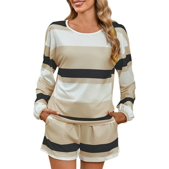 Jxximdong Pajamas for Women Set Women's Spring And Summer Striped Pajamas Pajamas Set Khaki Loungewear XXL