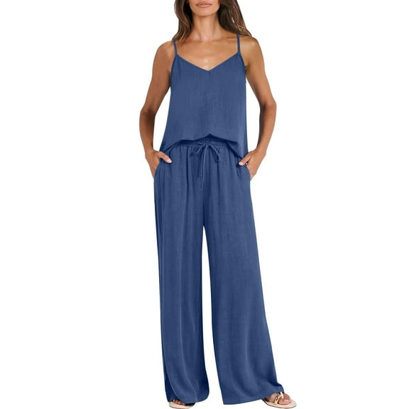 Jxximdong Pajamas for Women SetSummer 2 Piece Sets Casual Sleeveless Top Long Pants Suits Blue Loungewear M