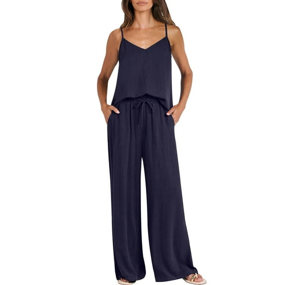 Jxximdong Pajamas for Women SetSummer 2 Piece Sets Casual Sleeveless Top Long Pants Suits Navy Loungewear S