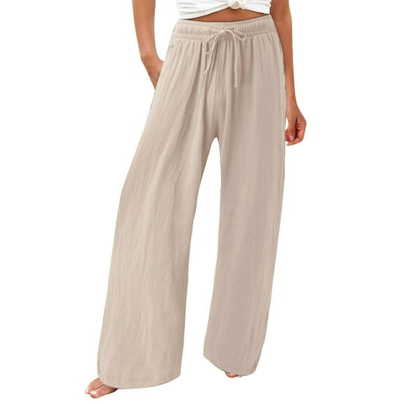 Jxximdong Palazzo Pants for Women, Cotton Casual Loose Pants Comfy Work Pants with Pockets Elastic High Waist Drawstring Pants, Beige Womens Casual Trousers