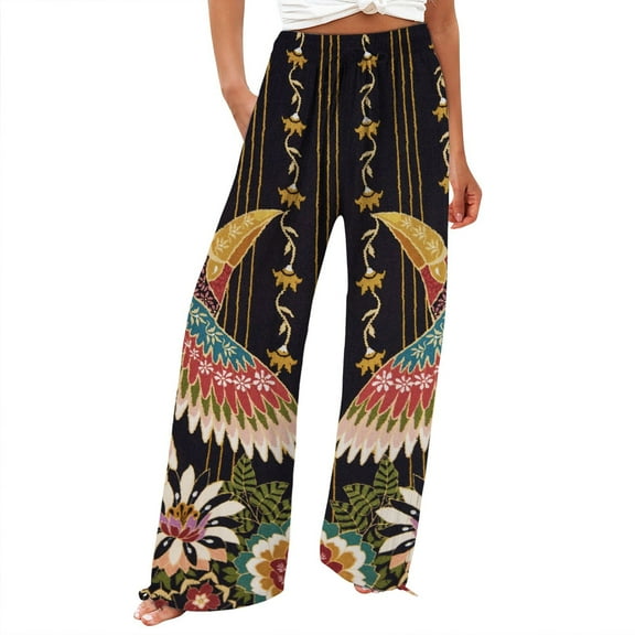 Jxximdong Palazzo Pants for Women, and Fashionable Beach Elastic Waist Wide Leg Pants with Colorful Floral Print Pockets, Black Womens Casual Trousers
