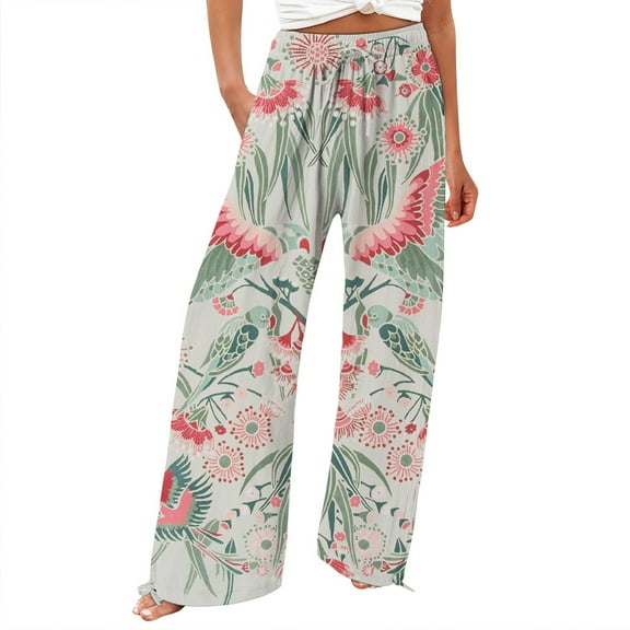 Jxximdong Palazzo Pants for Women, and Fashionable Beach Elastic Waist Wide Leg Pants with Colorful Floral Print Pockets, White Womens Casual Trousers