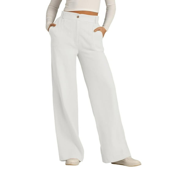 Jxximdong Palazzo Pants for Women, Solid Colored Cotton and Linen Button Down Wide Leg Long Pants with Loose Outer Pockets, White Womens Casual Trousers