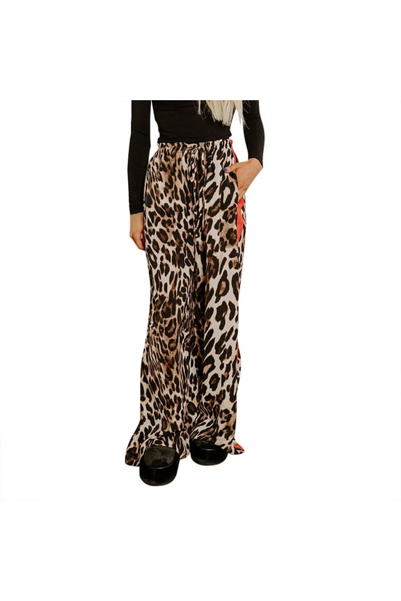 Palazzo Pants for Women, Mid Waist Leopard Print Trousers Causal Red Wide Leg Pant with Pocket, Brown Womens Casual Trousers