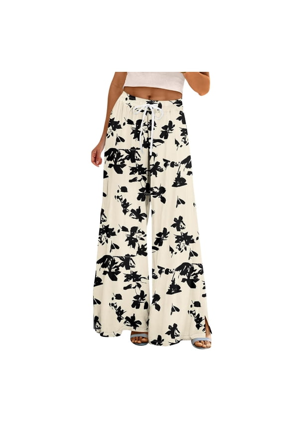 Palazzo Pants for Women, Petite High Waist Wide Leg Summer Beach Vacation Pants Boho Casual Palazzo Trousers, Beige Womens Casual Trousers