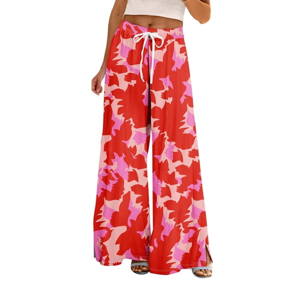 Jxximdong Palazzo Pants for Women, Petite High Waist Wide Leg Summer Beach Vacation Pants Boho Casual Palazzo Trousers, Red Womens Casual Trousers