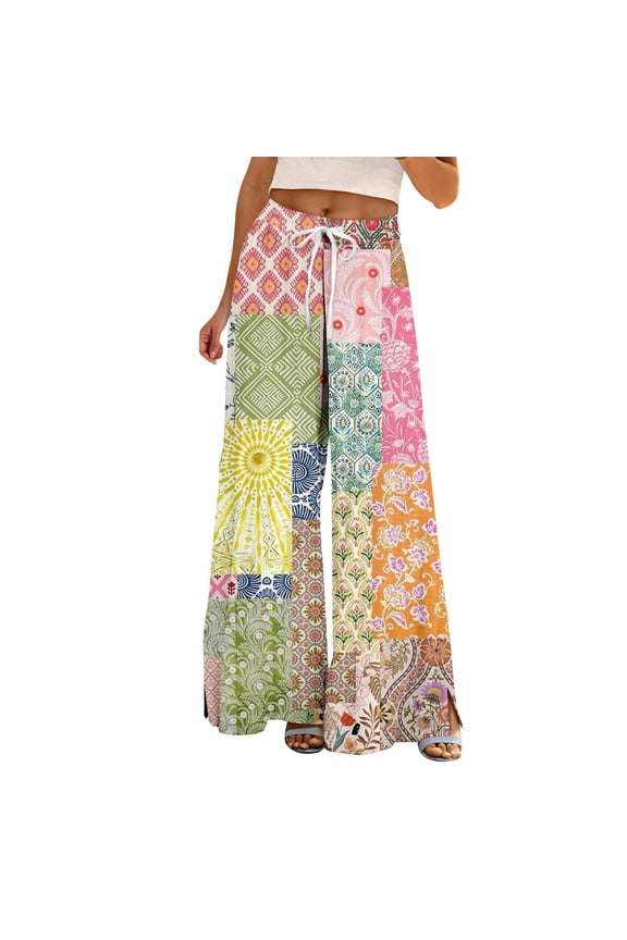 Palazzo Pants for Women, Petite High Waist Wide Leg Summer Beach Vacation Pants Boho Casual Palazzo Trousers, Yellow Womens Casual Trousers
