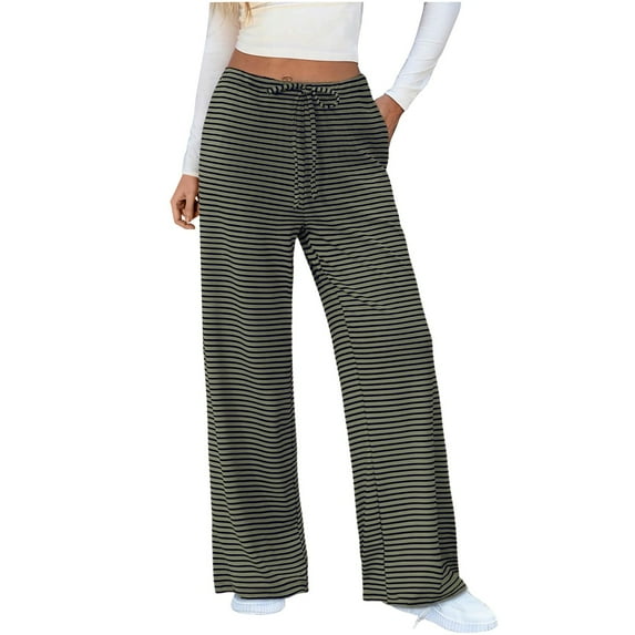 Jxximdong Palazzo Pants for Women, Striped Wide Leg Pants Drawstring Elastic Waist Knit Baggy Sweatpants with Pockets, Green Womens Casual Trousers