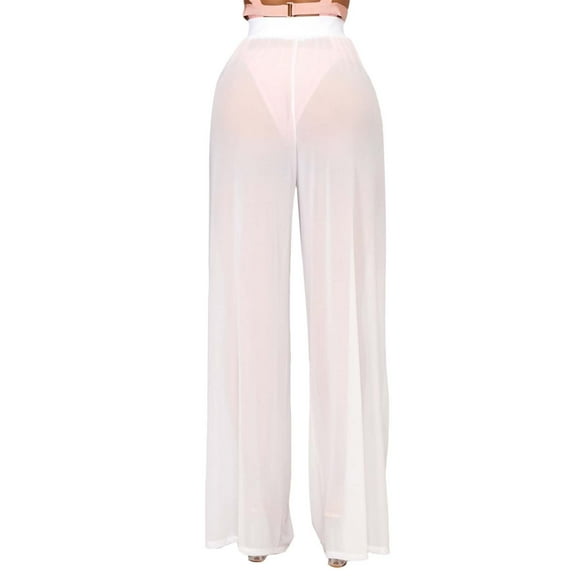 Jxximdong Palazzo Pants for Women, Swim Trunks See Through Mesh Covering Bikini Bottom Elastic Waist Wide Legs, White Womens Casual Trousers