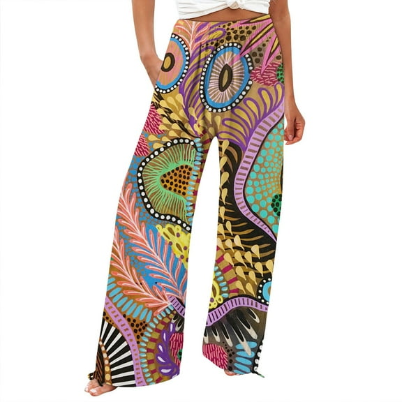 Jxximdong Palazzo Pants for Women, and Fashionable Beach Elastic Waist Wide Leg Pants with Colorful Floral Print Pockets, Pink Womens Casual Trousers