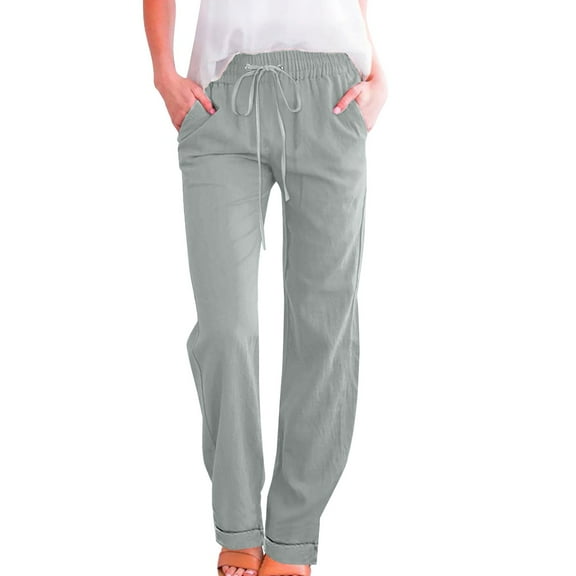 Jxximdong Pants for Women Women's Trousers Curling Solid Color Cotton Linen Loose Casual Drawstring Wide Leg Pants Casual Trousers Green XXXL Trousers
