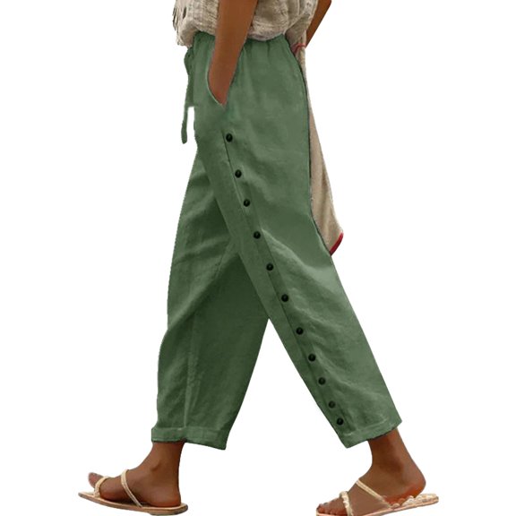 Jxximdong Pants for Women Casual Button Drape Japanese Wide Leg Lazy Cotton And Linen Solid Color Casual Pants Elastic Loose Green XXL Trousers