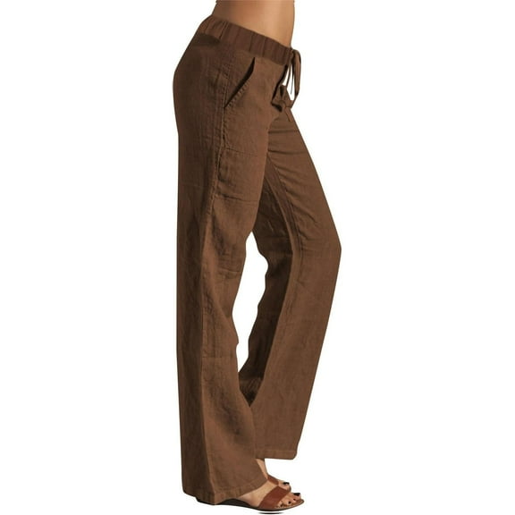 Jxximdong Pants for Women Casual Straight Leg Elastic Waisted Drawstring Linen Pants Comfy Solid Long Trousers With Pockets Brown M Trousers