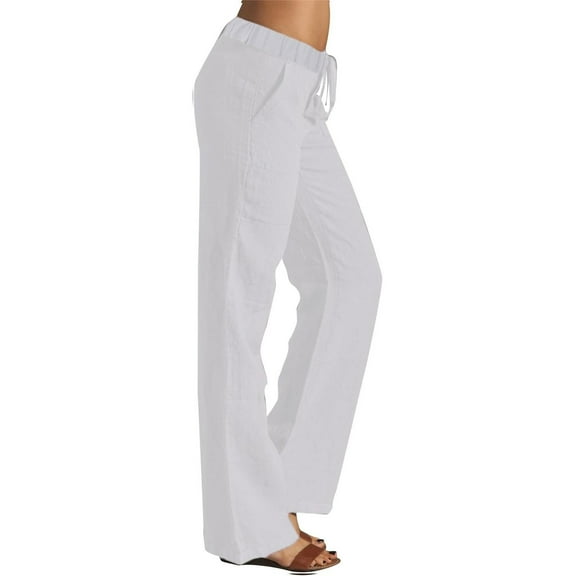 Jxximdong Pants for Women Casual Straight Leg Elastic Waisted Drawstring Linen Pants Comfy Solid Long Trousers With Pockets White S Trousers