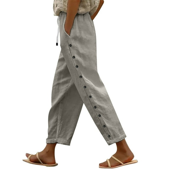 Jxximdong Pants for Women Cotton And Linen Solid Color Elastic Waistband Trousers With Pockets Side Buttons Loose Casual Trousers Gray M Trousers
