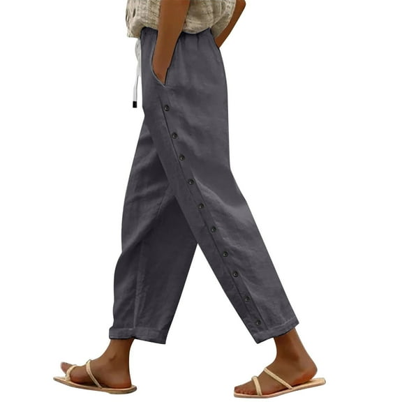 Jxximdong Pants for Women Cotton And Linen Solid Color Elastic Waistband Trousers With Pockets Side Buttons Loose Casual Trousers Gray M Trousers